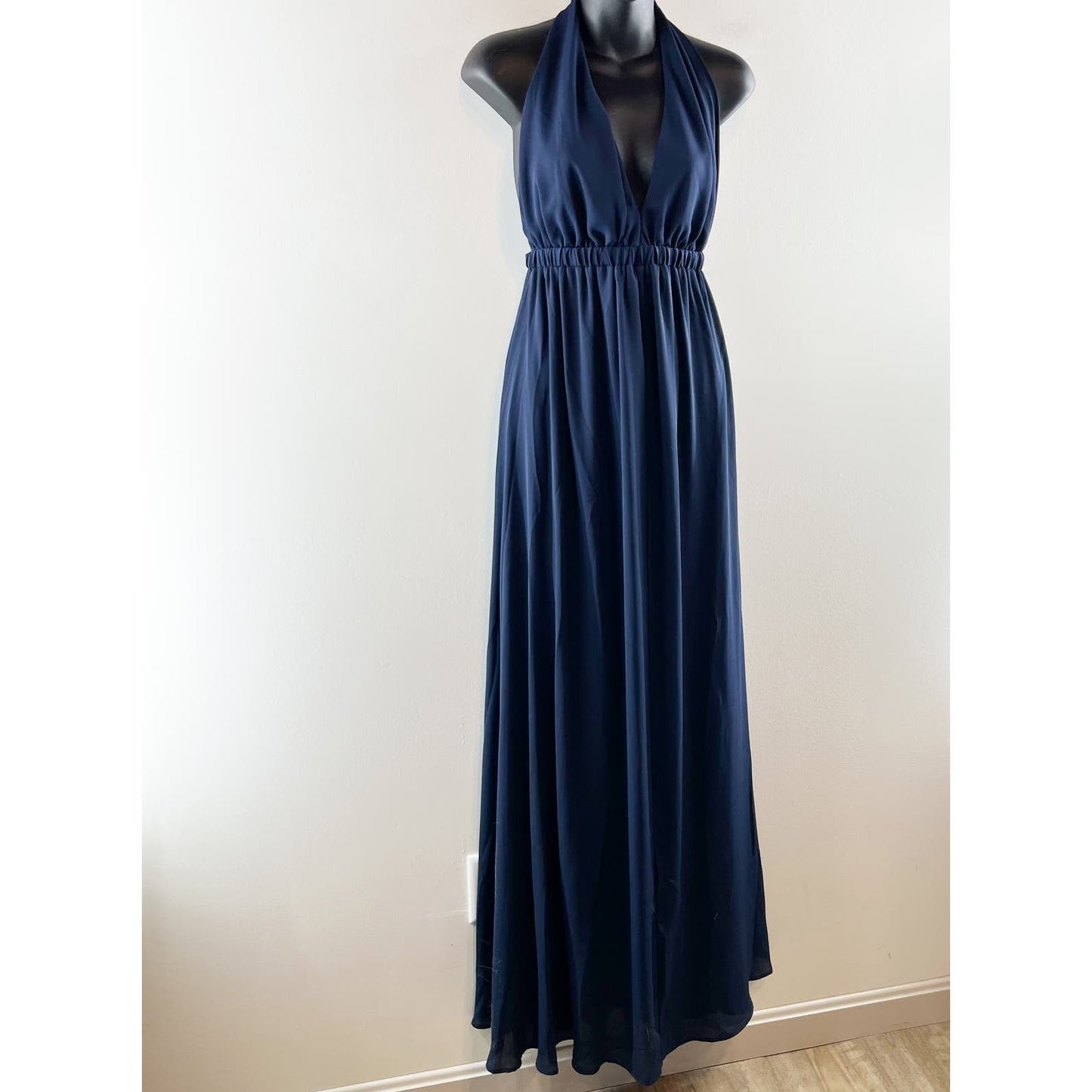 Show Me Your Mumu Plunge V Neck Halter Lined Maxi Gown Dress Navy Blue Medium