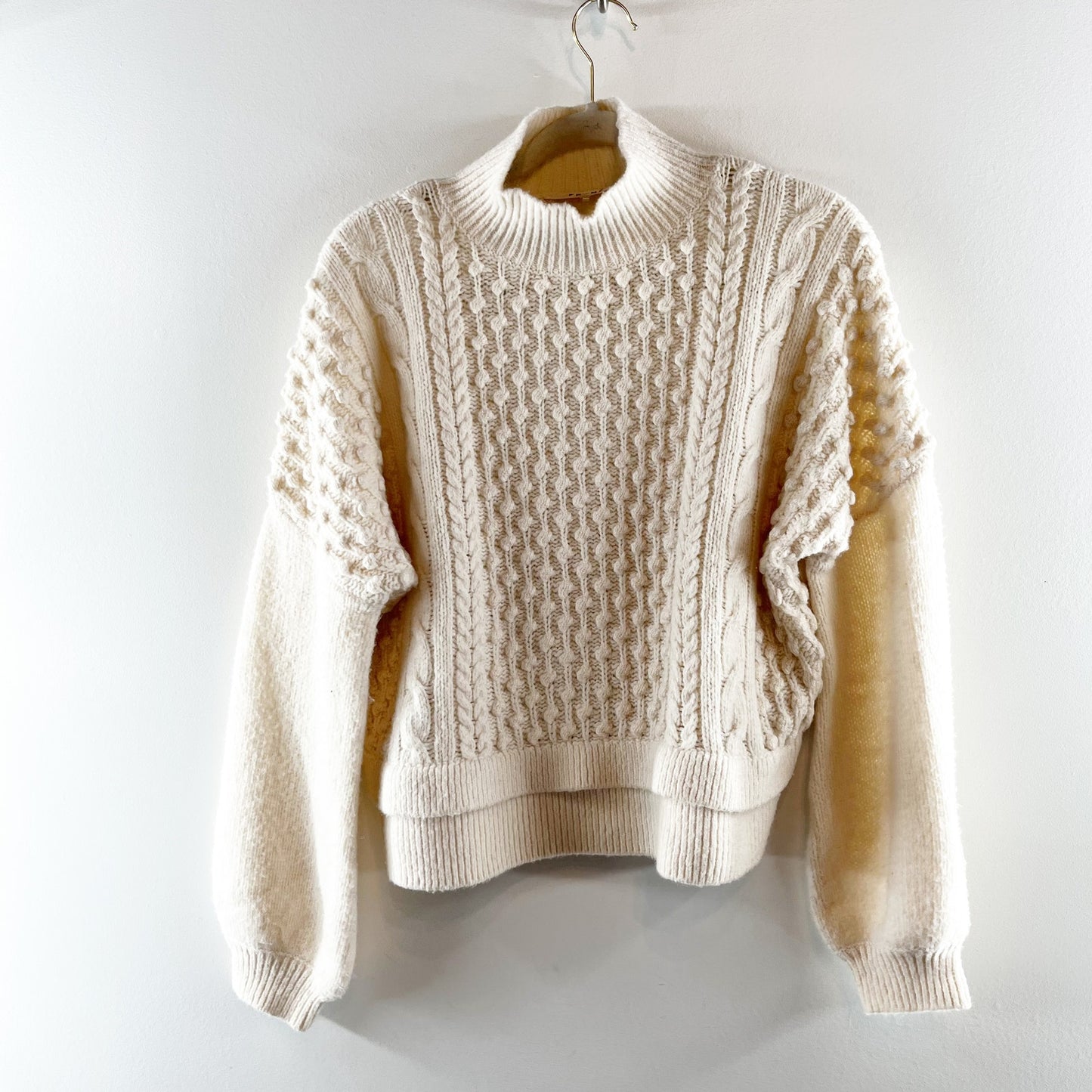 Frame Nubby Long Sleeve Popcorn Knit Tiered Pullover Sweater Cream Small