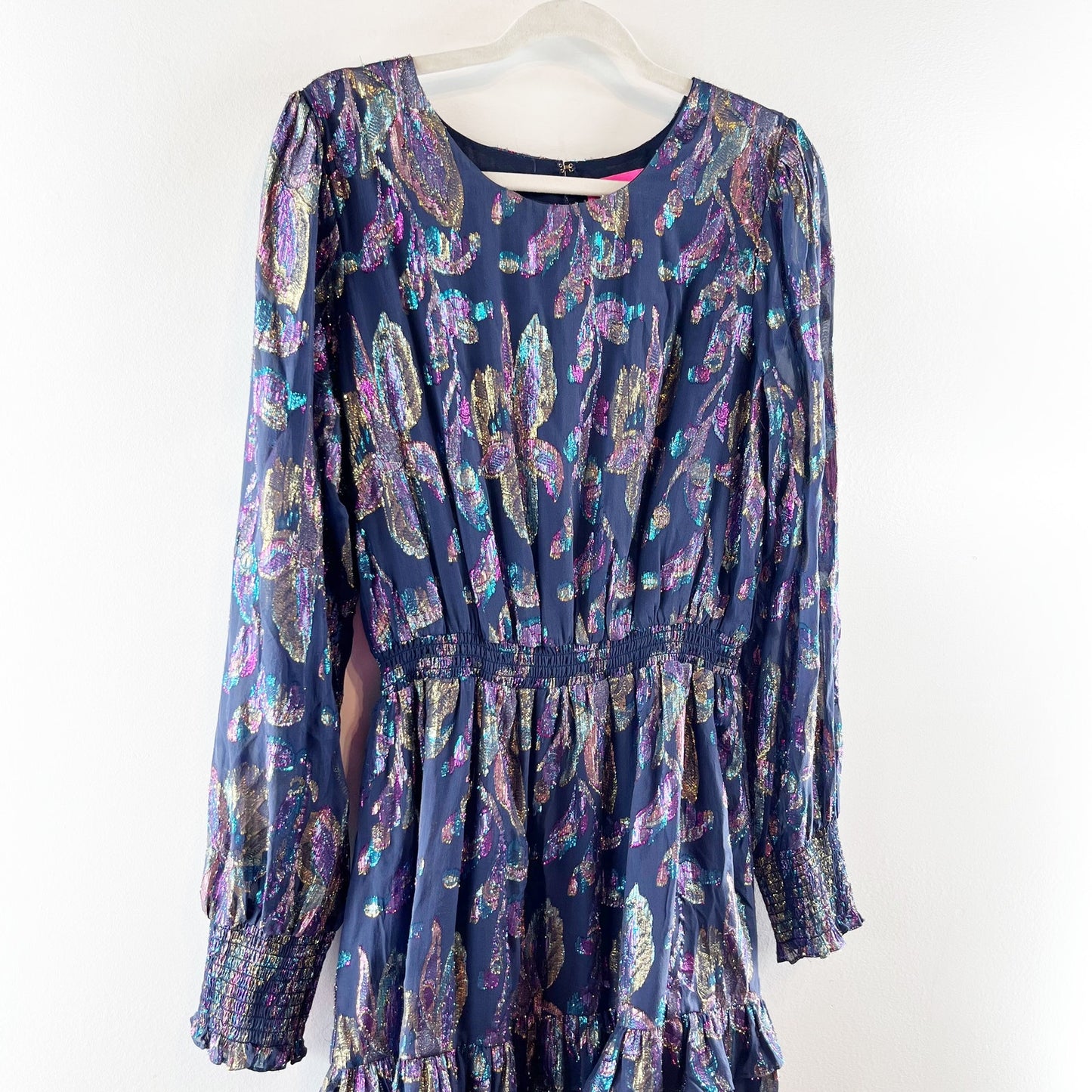 Lilly Pulitzer Dotti Long Sleeve Floral Ruffle Hem Metallic Mini Dress Blue 14