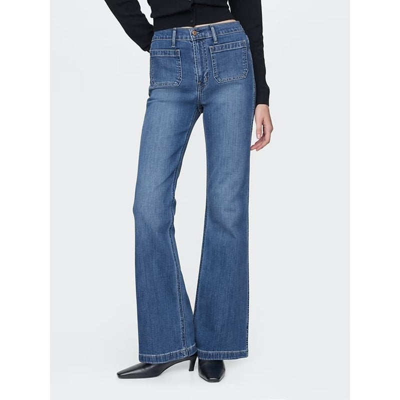 GAP High Rise 70's Flare Patch Pocket Jeans Blue 14 Petite