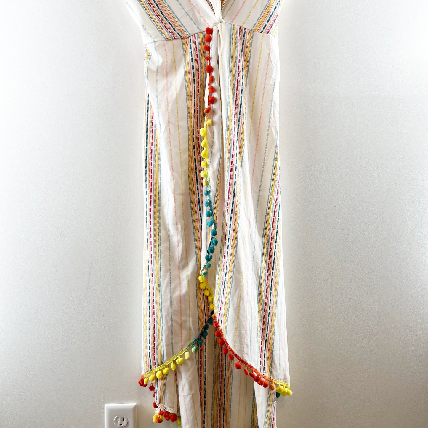 America & Beyond Short Sleeve Midi Striped Tassel Rainbow Cover Up White Small