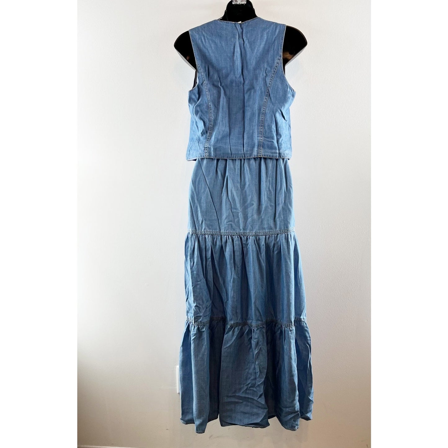 Sigrid Olsen Denim Button Front Vest & Tiered Maxi Skirt Set Blue Medium