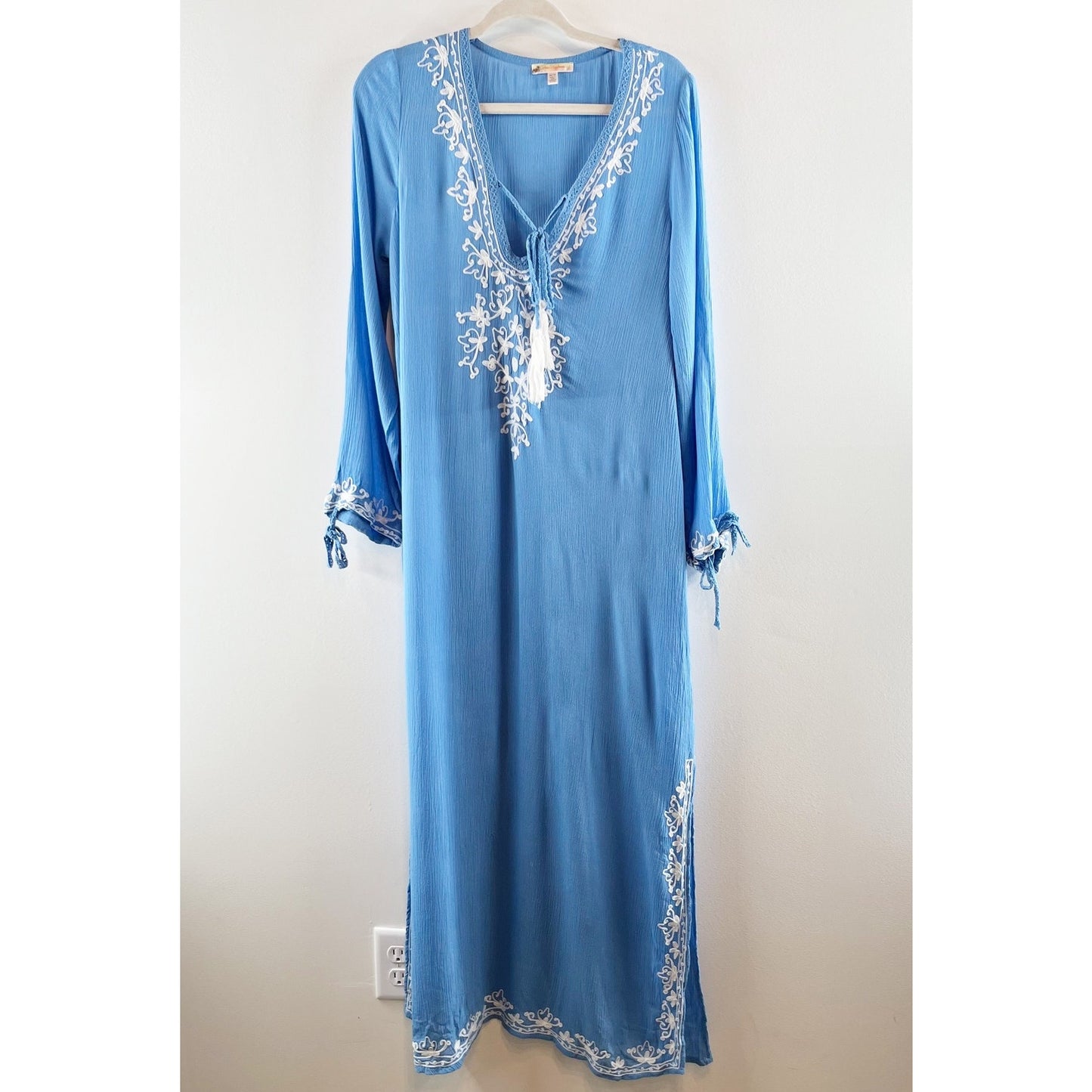 Rise and Bloom Embroidered Long Sleeve Tie Neck Maxi Dress Blue Medium