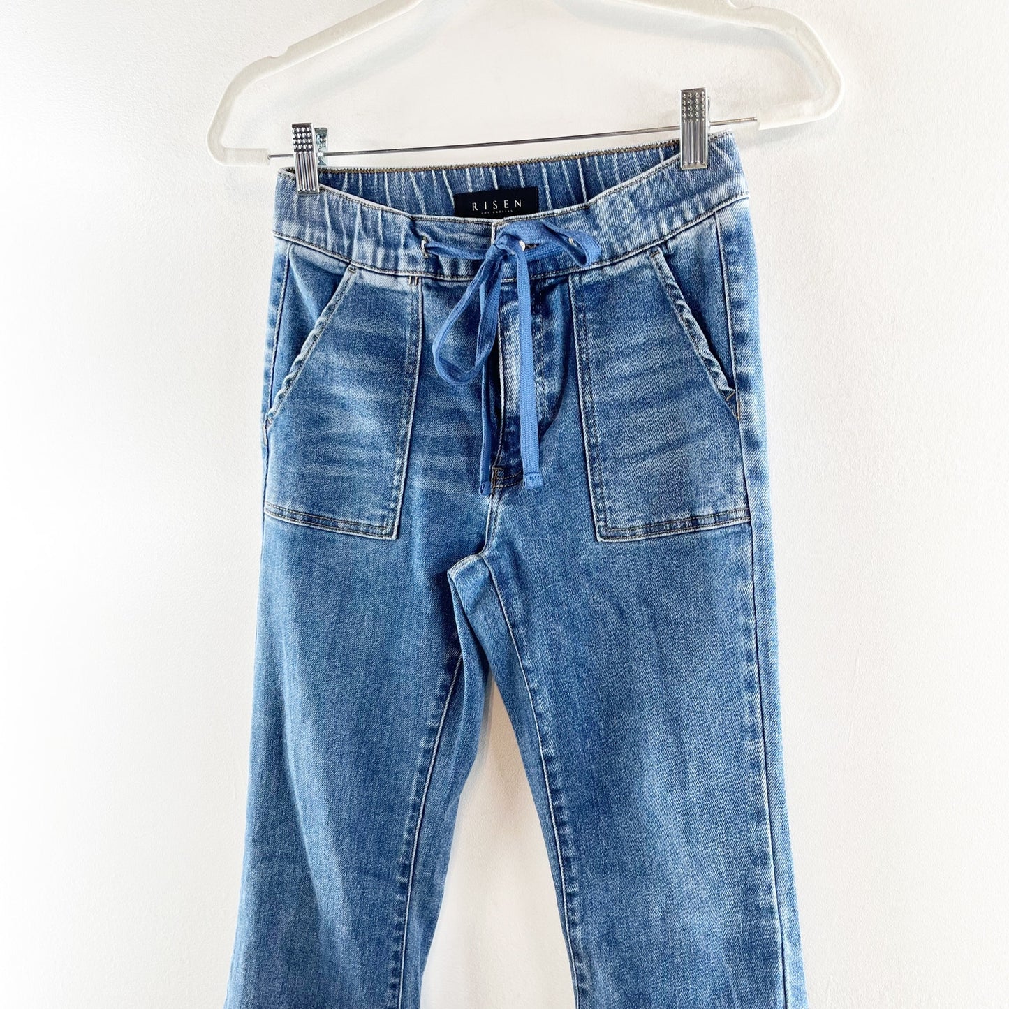 Risen Denim Mid Rise Flare Jeans With Drawstring and Front Pockets Blue 5 / 27