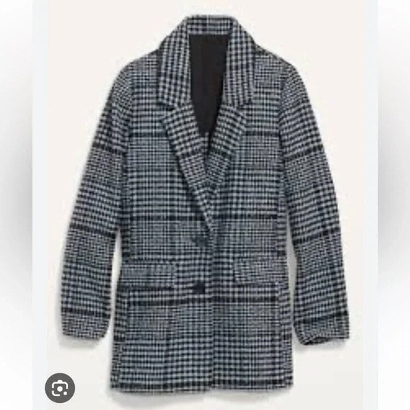 Old Navy Soft Brushed Oversized Single Breasted Plaid Blazer Jacket Gray Small