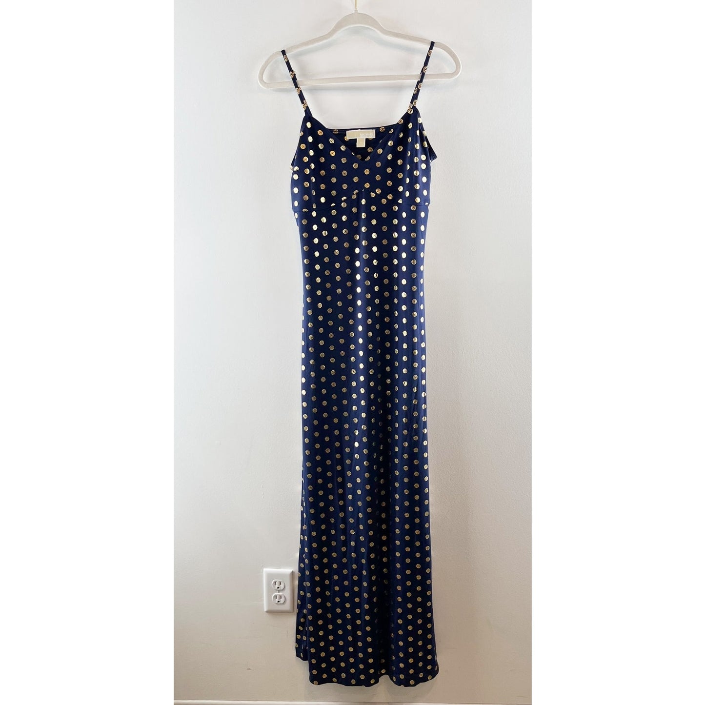 Michael Kors Medallion Foil Print Sleeveless Maxi Dress Navy Blue Gold Medium