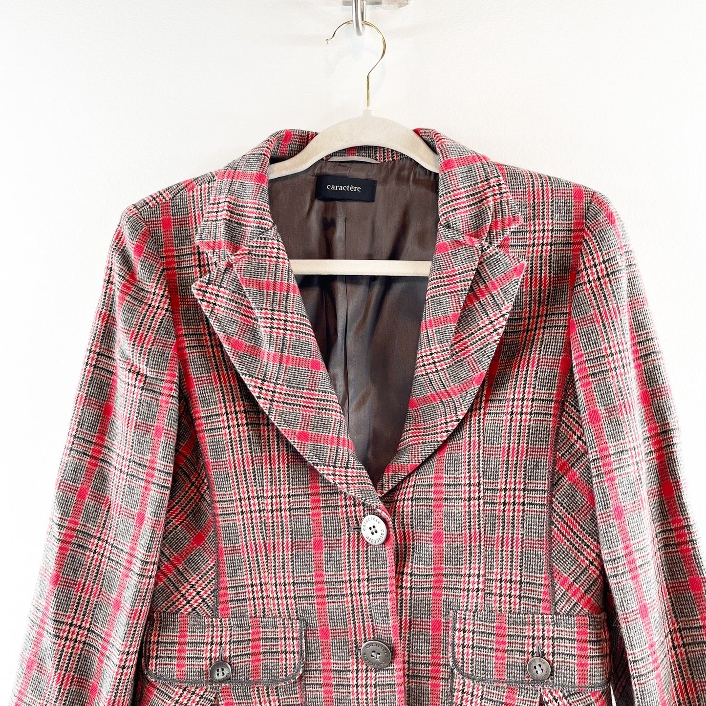 Caractere Wool Blend Plaid Long Sleeve Single Breasted Blazer Red Gray 8