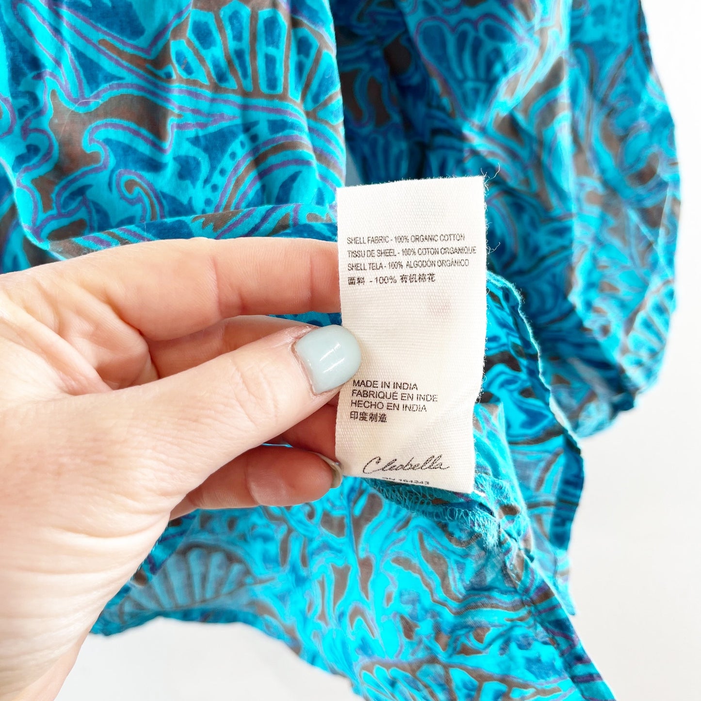 Cleobella Jayda 3/4 Sleeve Blouse in Zuri Block Print Teal Turquoise Green Blue