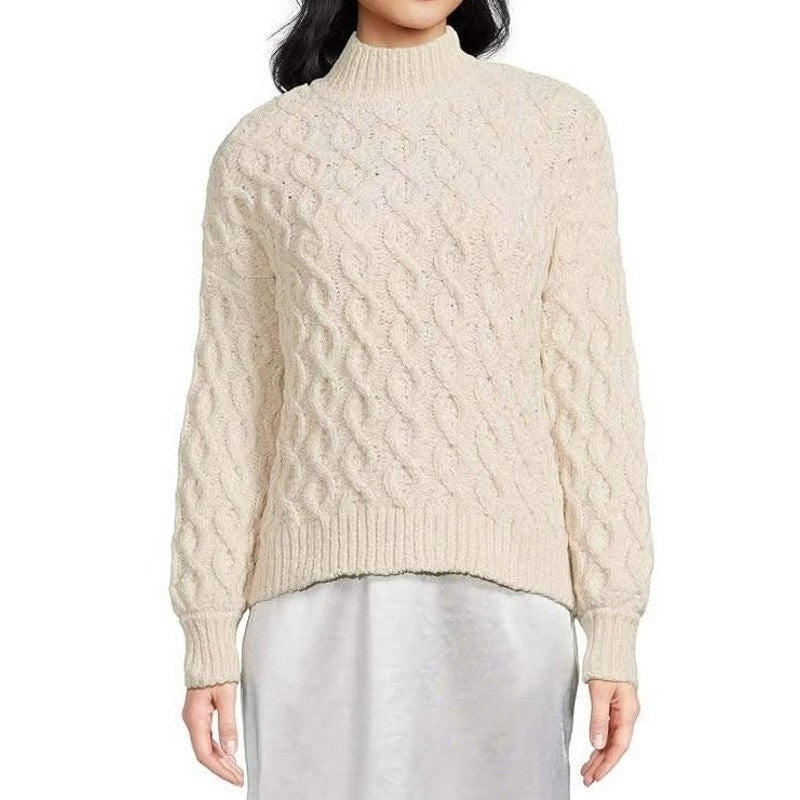 Santuary Long Sleeve Mock Neck Cable Knit Pullover Sweater Cream Small