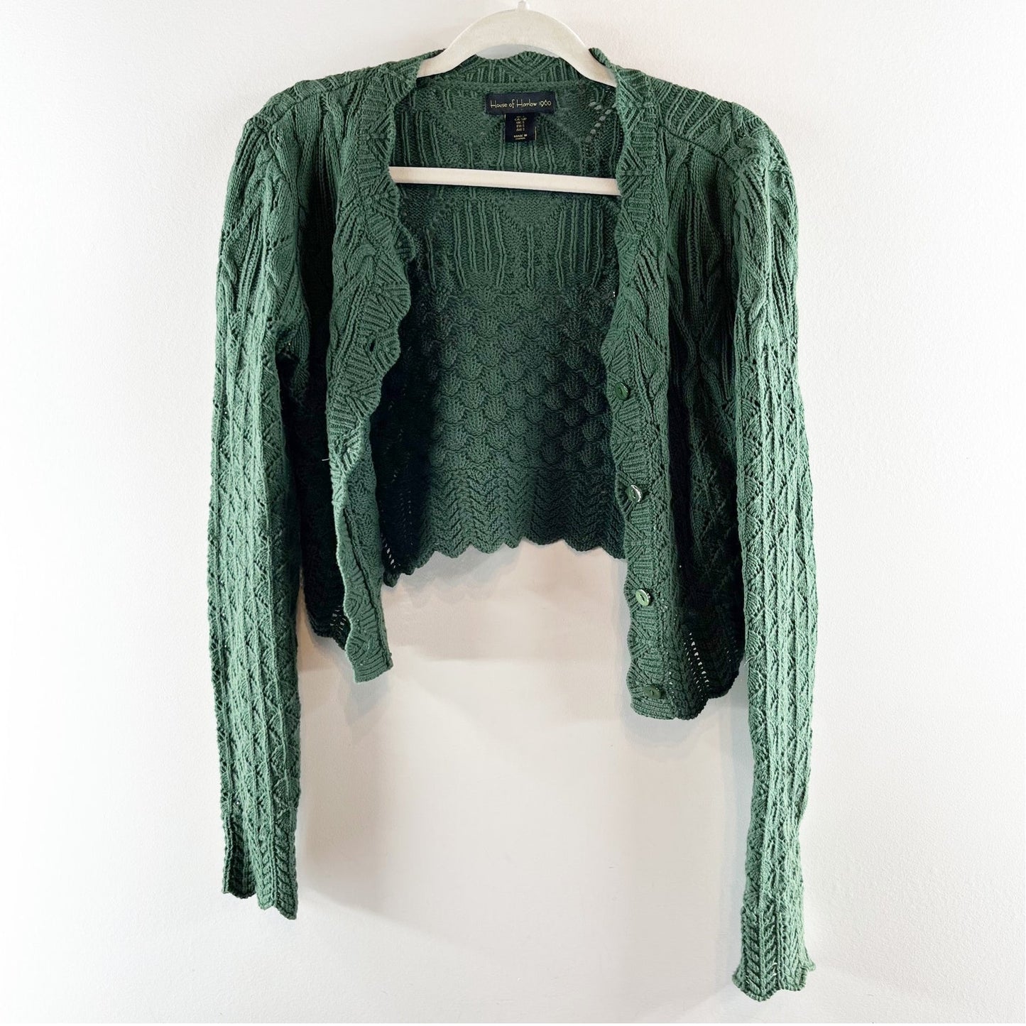 House of Harlow Long Sleeve Cropped Scalloped Cardigan Sweater Green Small
