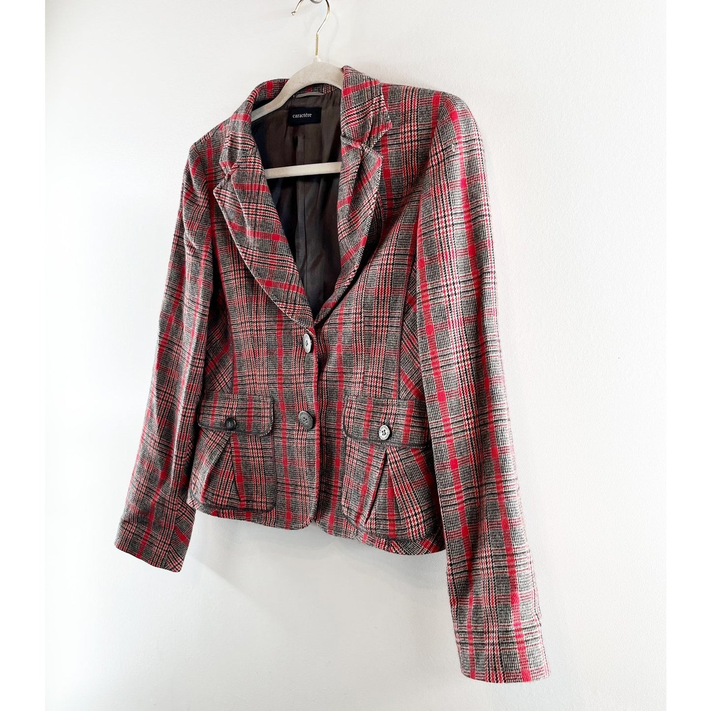 Caractere Wool Blend Plaid Long Sleeve Single Breasted Blazer Red Gray 8