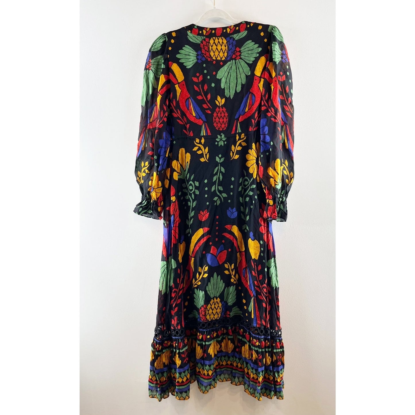 Farm Rio Georgette Tropical Puff Sleeve V-Neck Ruffle Maxi Dress Black Medium