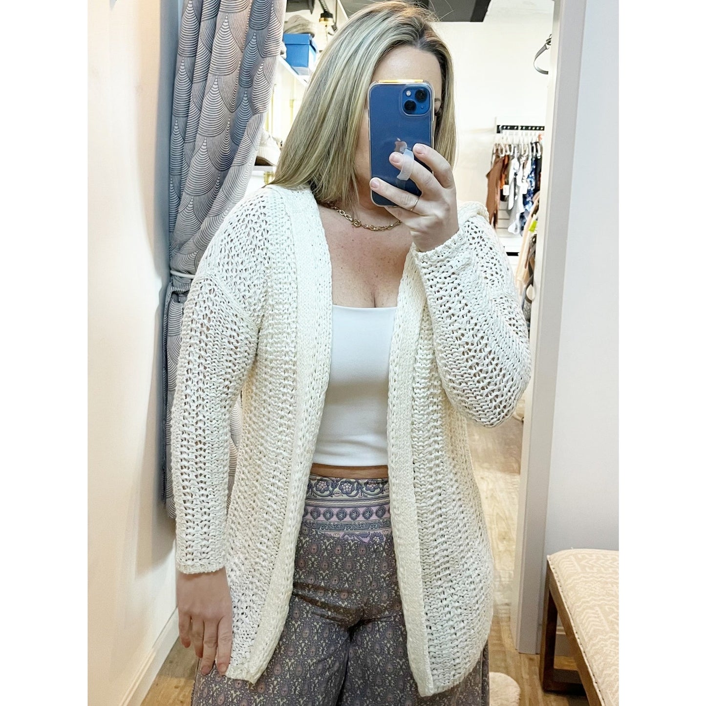 Lou & Gray Long Sleeve Crochet Knit Hooded Duster Cardigan Sweater Cream XS