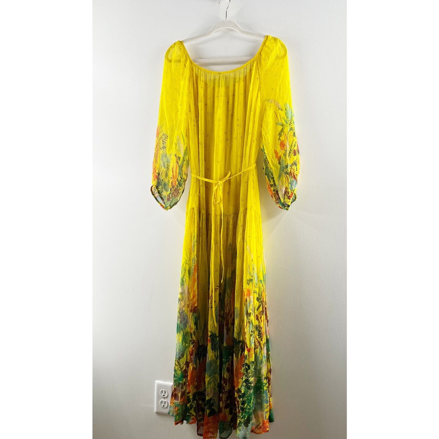 Anthropologie Tarin Scoopneck Tie Waist 3/4 Sleeve Floral Maxi Dress Yellow S