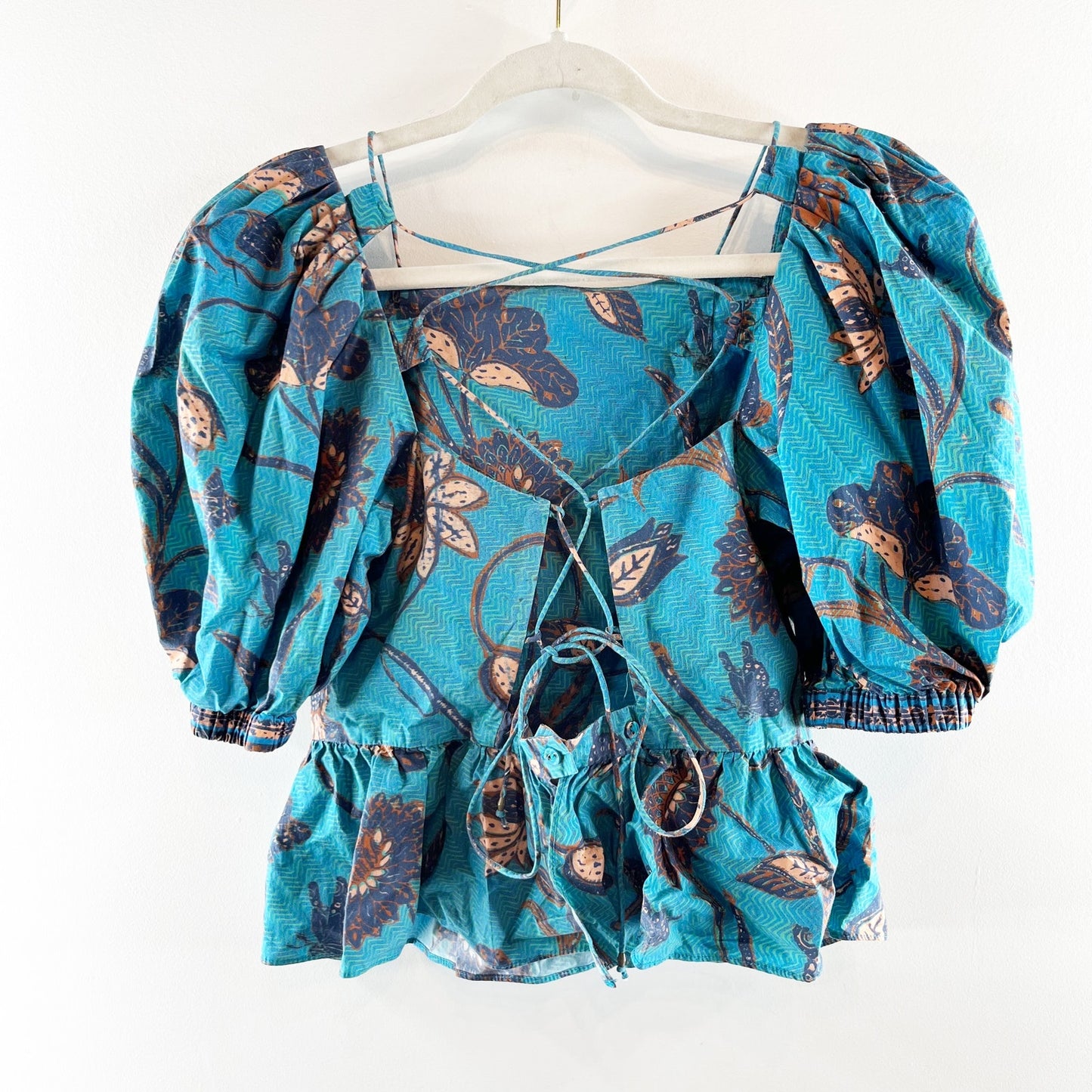 Ulla Johnson Carlotta Puff Short Sleeve Peplum Floral Cropped Top Blue Teal 2