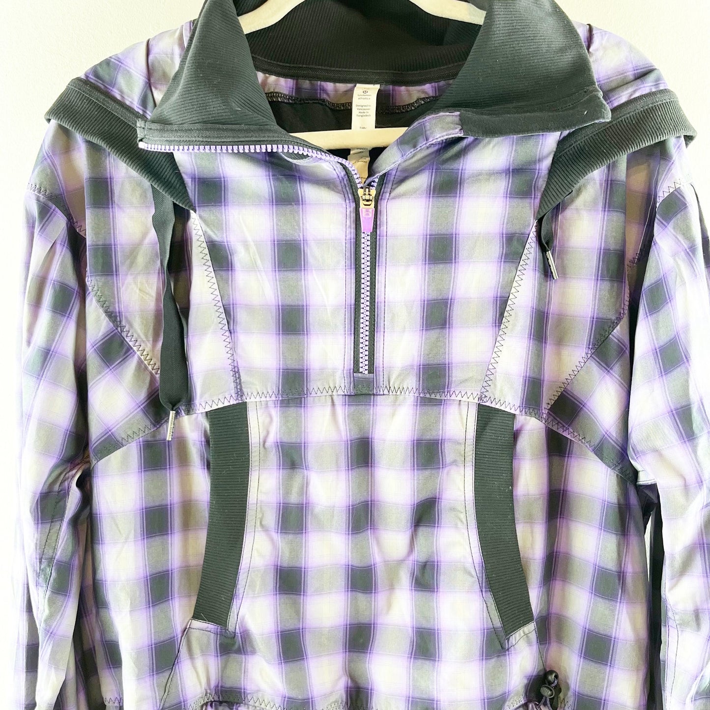 Lululemon Run Reflection 1/2 Zip Long Sleeve Plaid Hoodie Jacket Purple Black 10