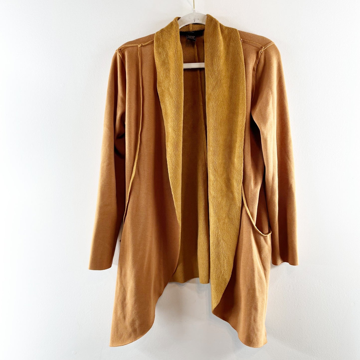 Rain and Rose Drape Front Long Sleeve Duster Cardigan Sweater Camel Mocha Small