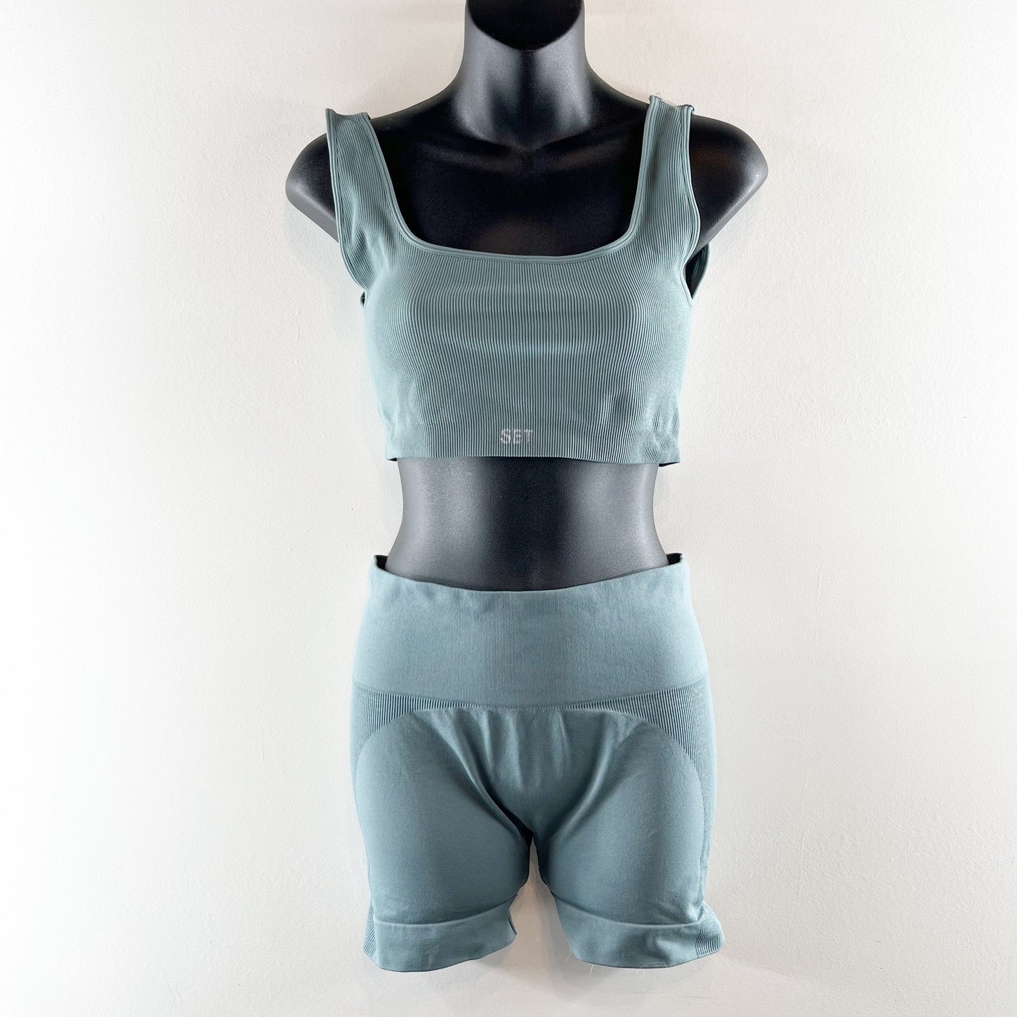 SET Active Sculptflex Power Ribbed Sports Bra Bike Short Set Muted Blue Large
