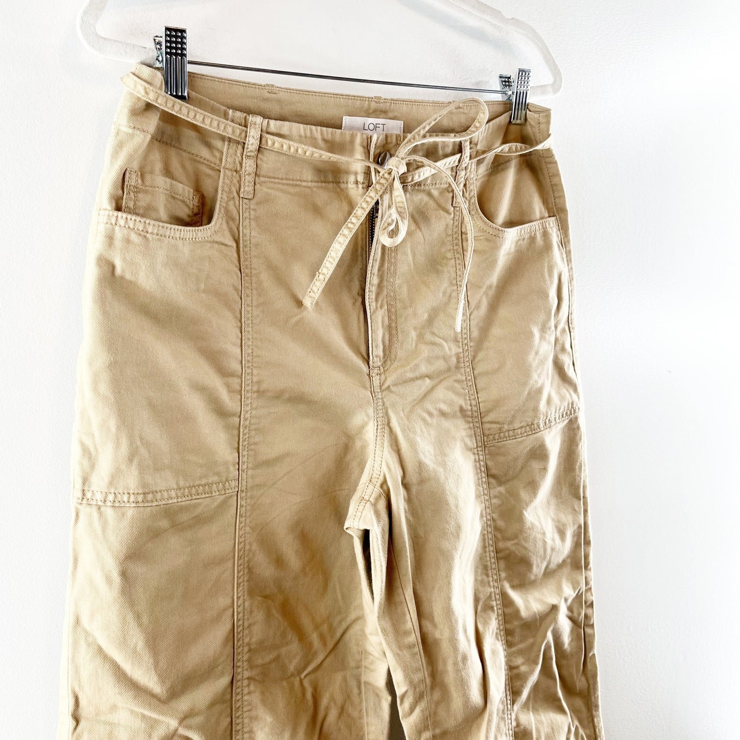 LOFT High Rise Belted Stovepipe Wide Leg Trouser Khaki Pants in Twill Tan 10