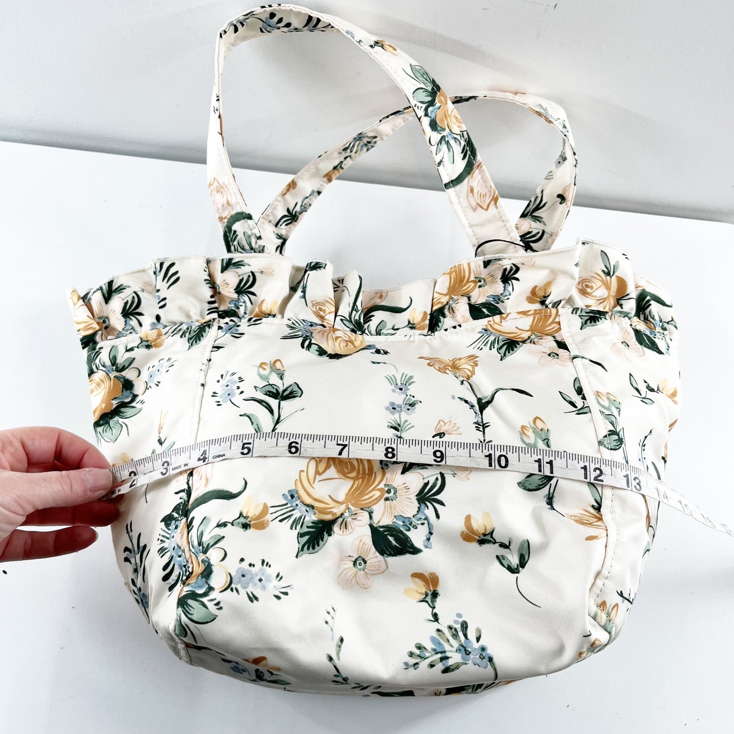 Loeffler Randall Claire Ruffle Nylon Tote Bag Purse White Yellow Green
