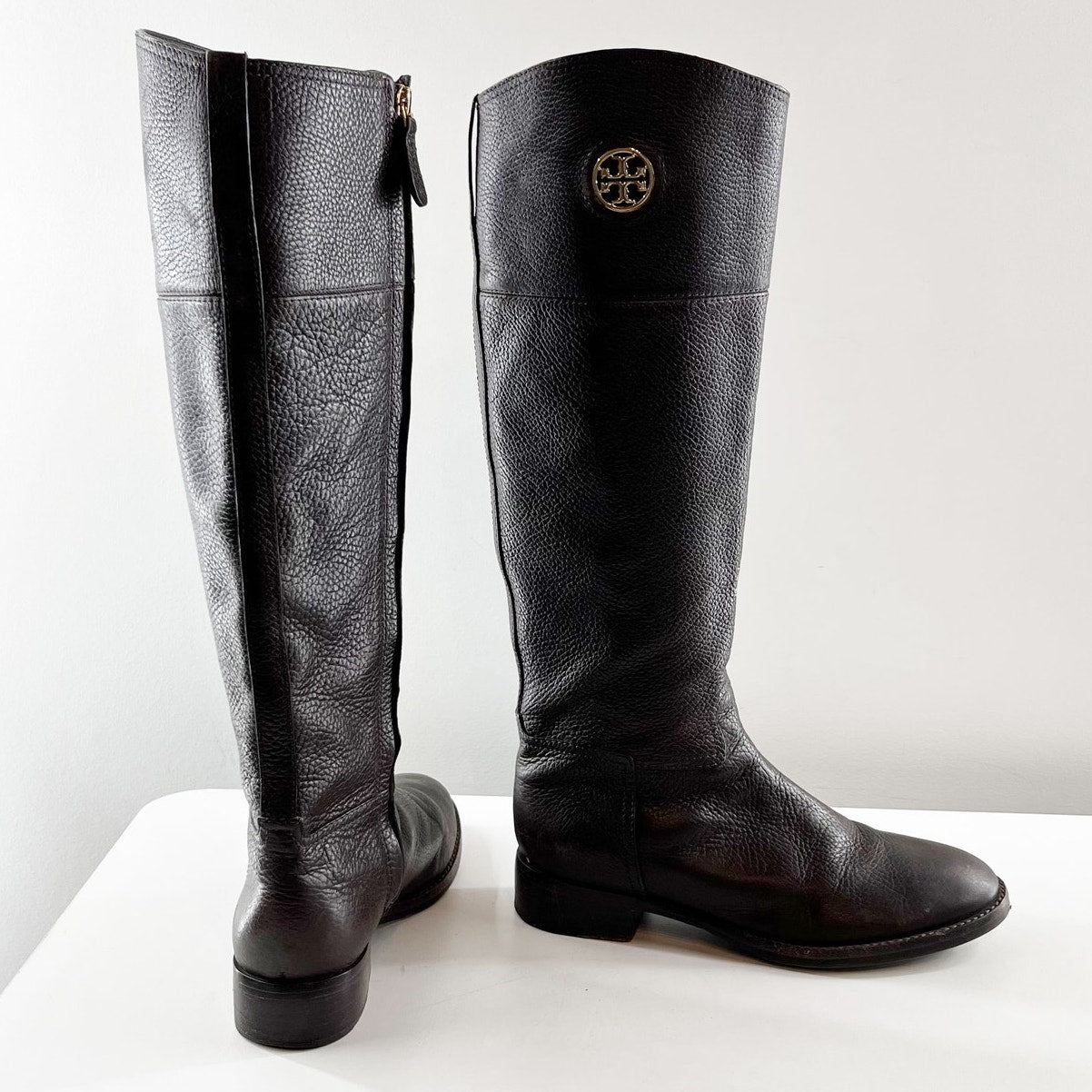 Tory Burch Junction Tumbled Leather Block Heel Knee High Riding Boot Brown 8