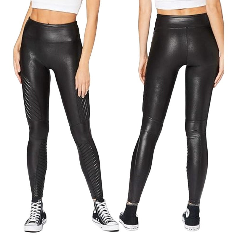 SPANX Shiny Faux Leather Slim Fit Pull On Mid Rise Moto Leggings Black Small