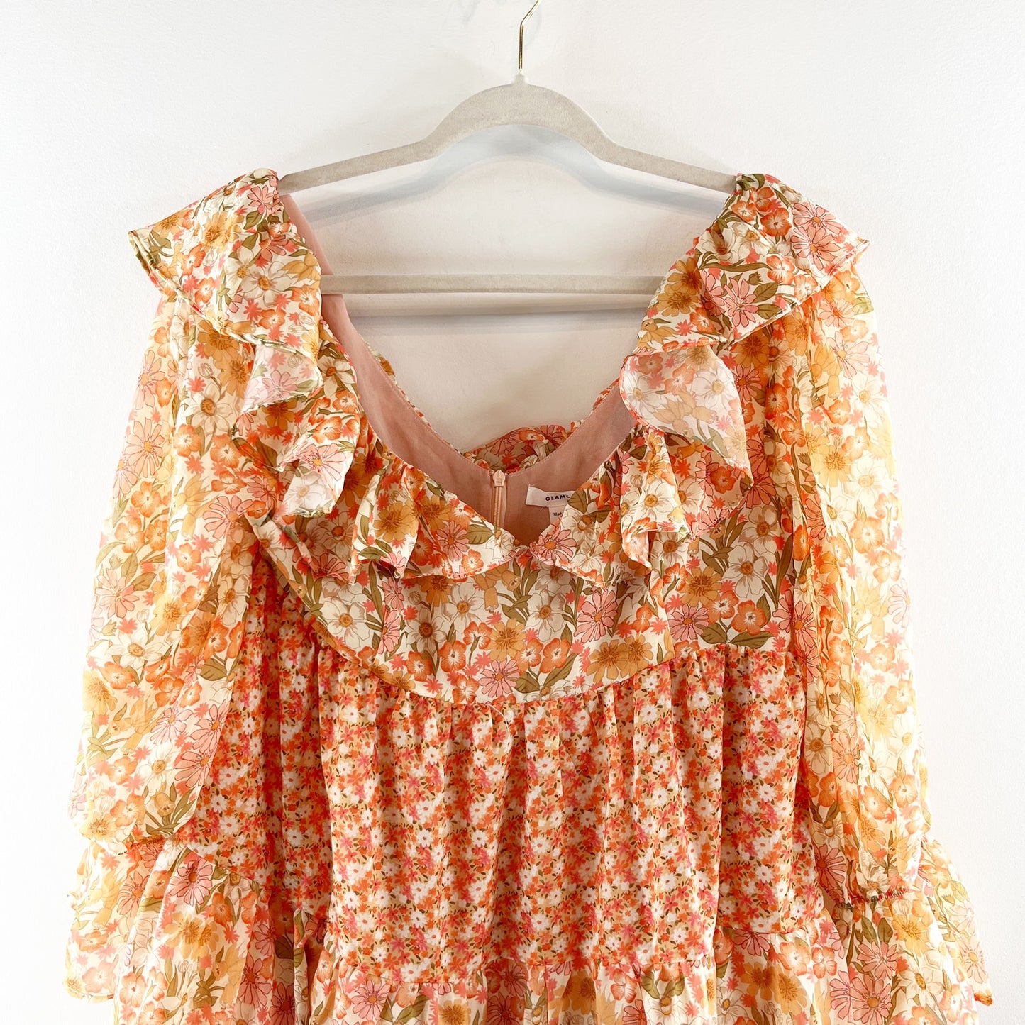 Glamorous Frill Detail Floral Long Sleeve Mini Dress Peach Orange Medium