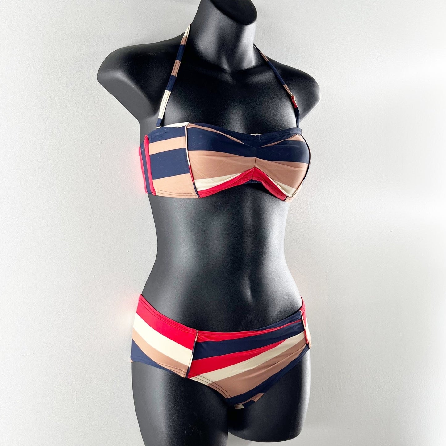 Marc Jacobs Removable Halter Mid Rise Stripe Bikini Navy Red Tan Small / Medium