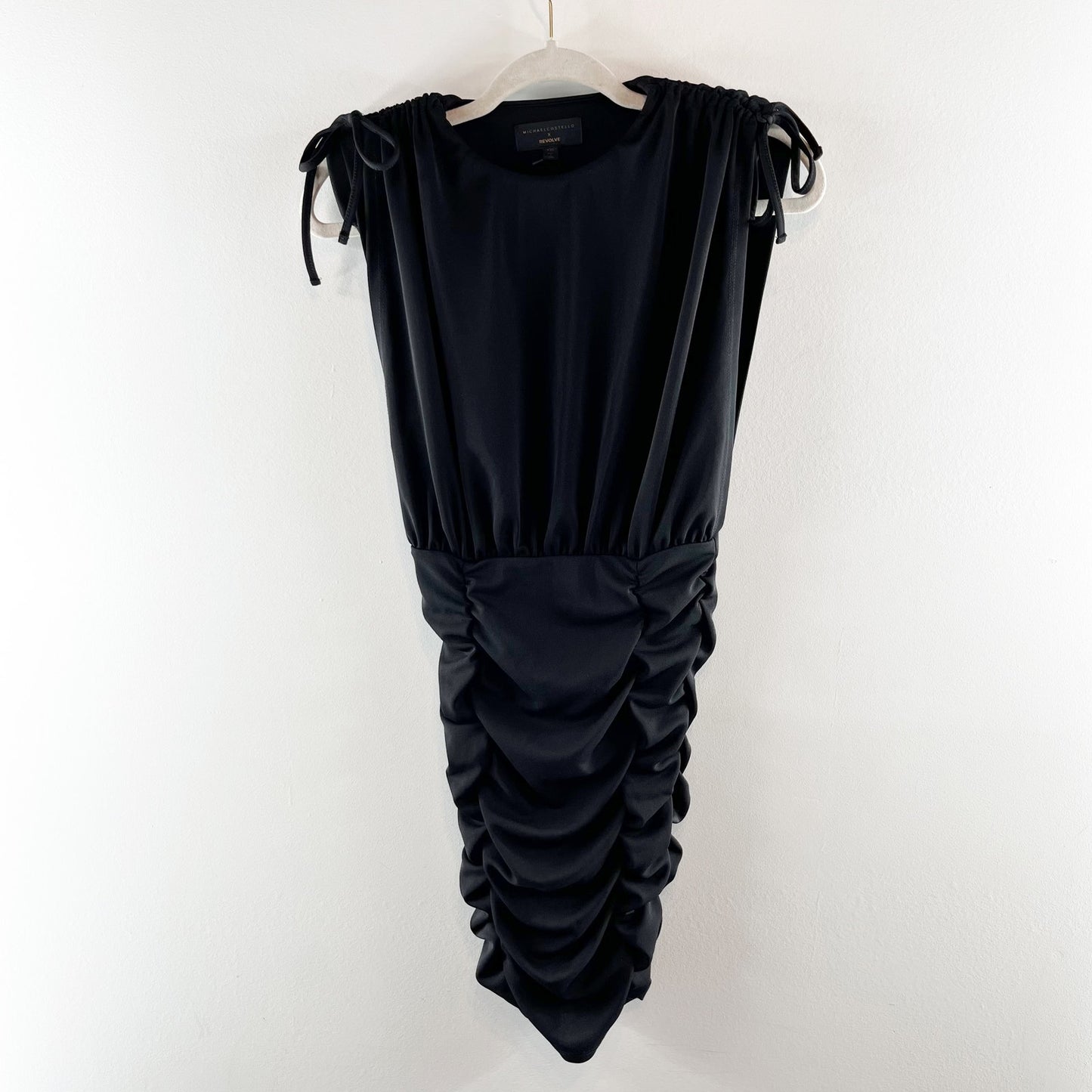Michael Costello x Revolve Kirsten Ruched Tie Shoulder Mini Dress Black XXS