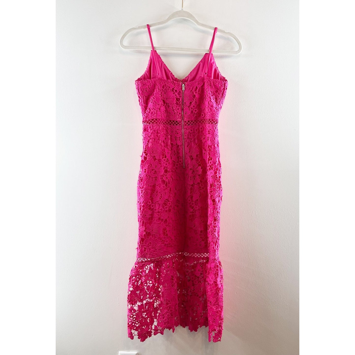 Lulus Taliah Sleeveless Floral Lace Crochet Trim Midi Trumpet Dress Hot Pink S