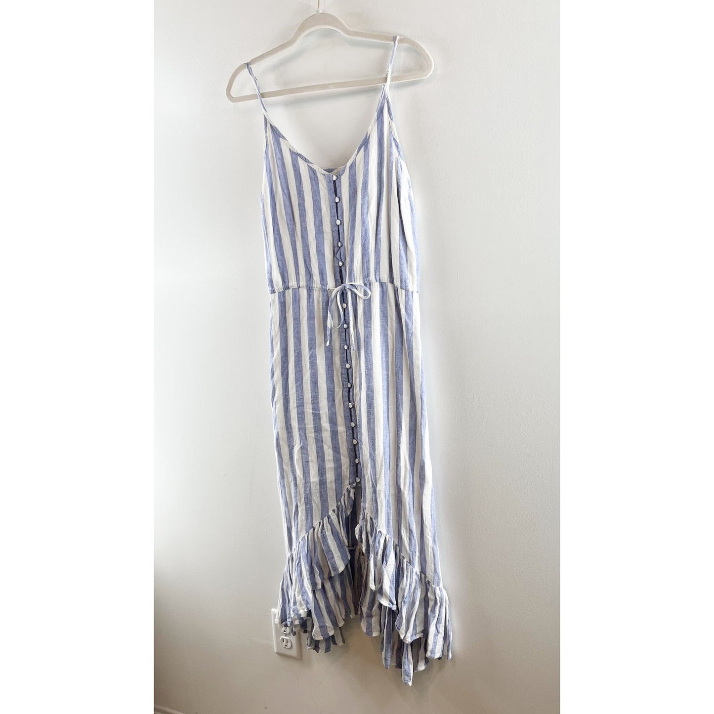 Rails Frida Ciel Striped Linen Ruffle Hem Midi Dress Blue White Medium