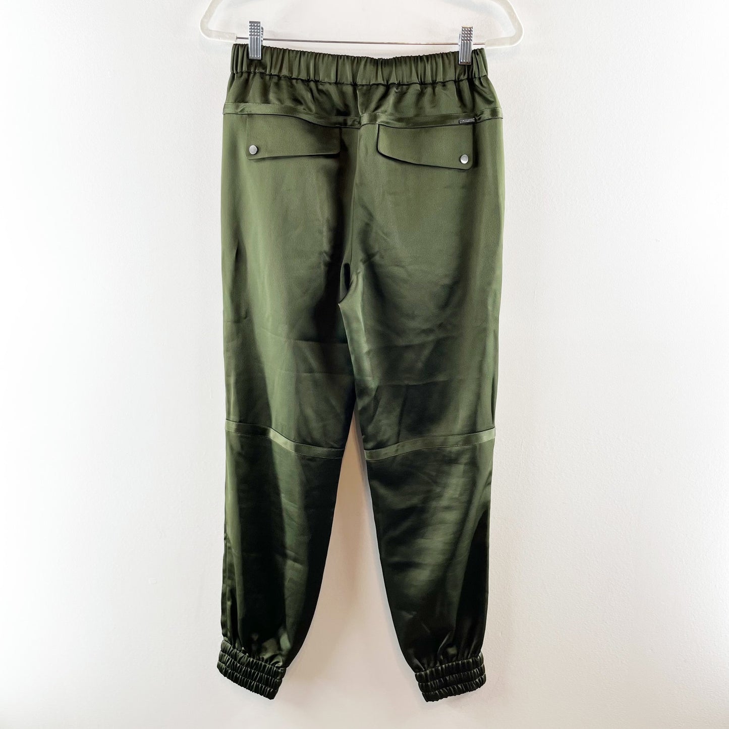 Halston Heritage Satin High Waisted Tapered Leg Joggers Pants Dark Forest Green