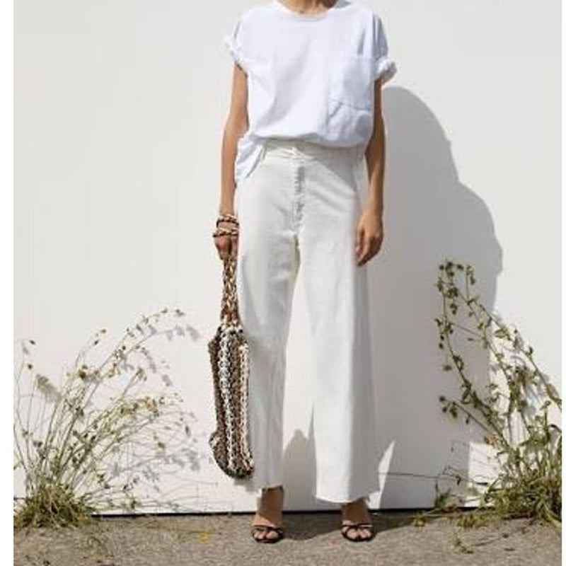 Zara Marine High Rise Frayed Hem Denim Straight Leg Jeans White 8
