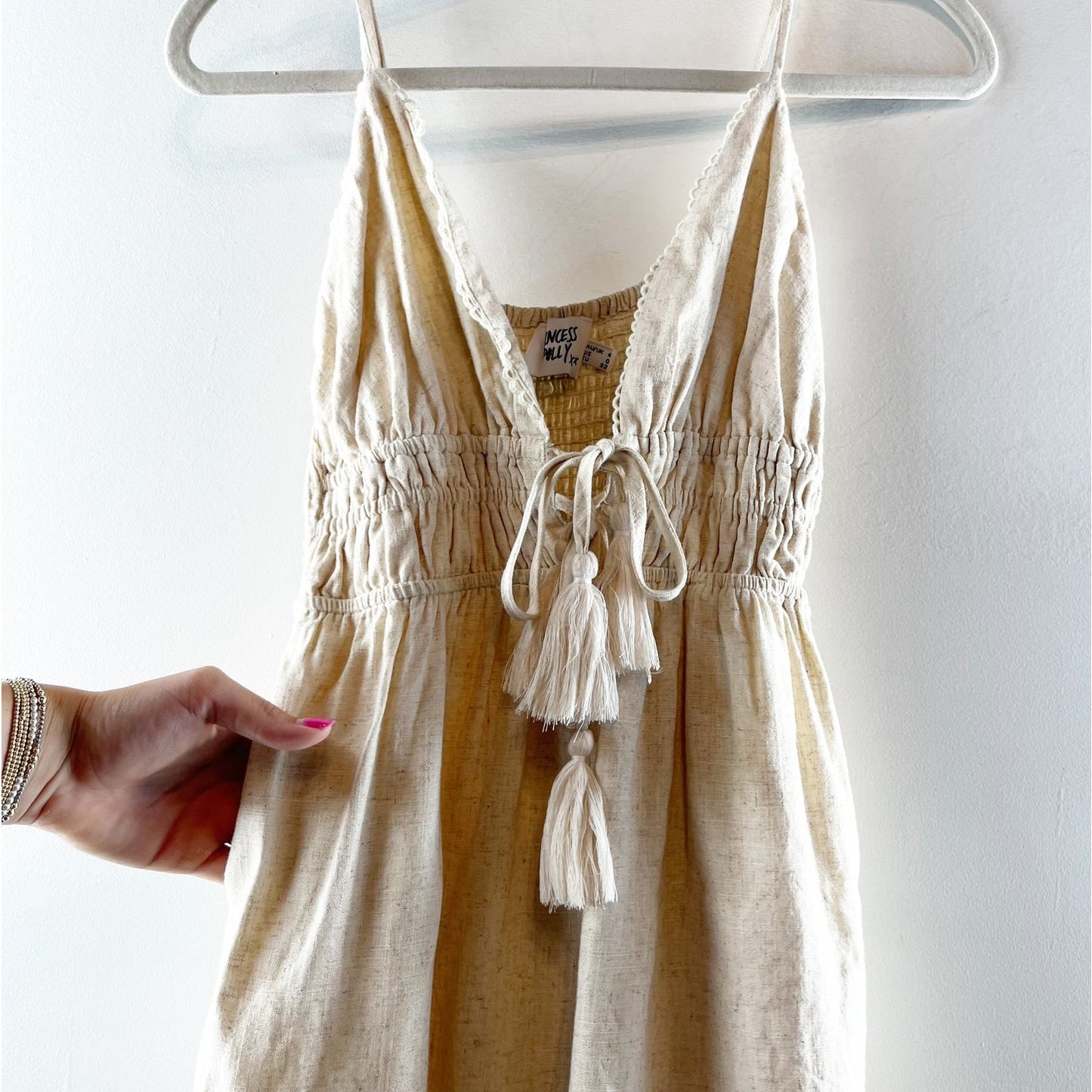 Princess Polly Colleen Tie Front Linen Blend Plunge Romper Tan Beige 0