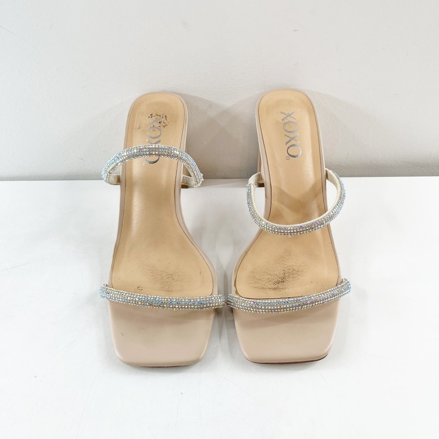 XOXO Folee Double Rhinestone Square Toe Block Heel Sandals Nude 7.5