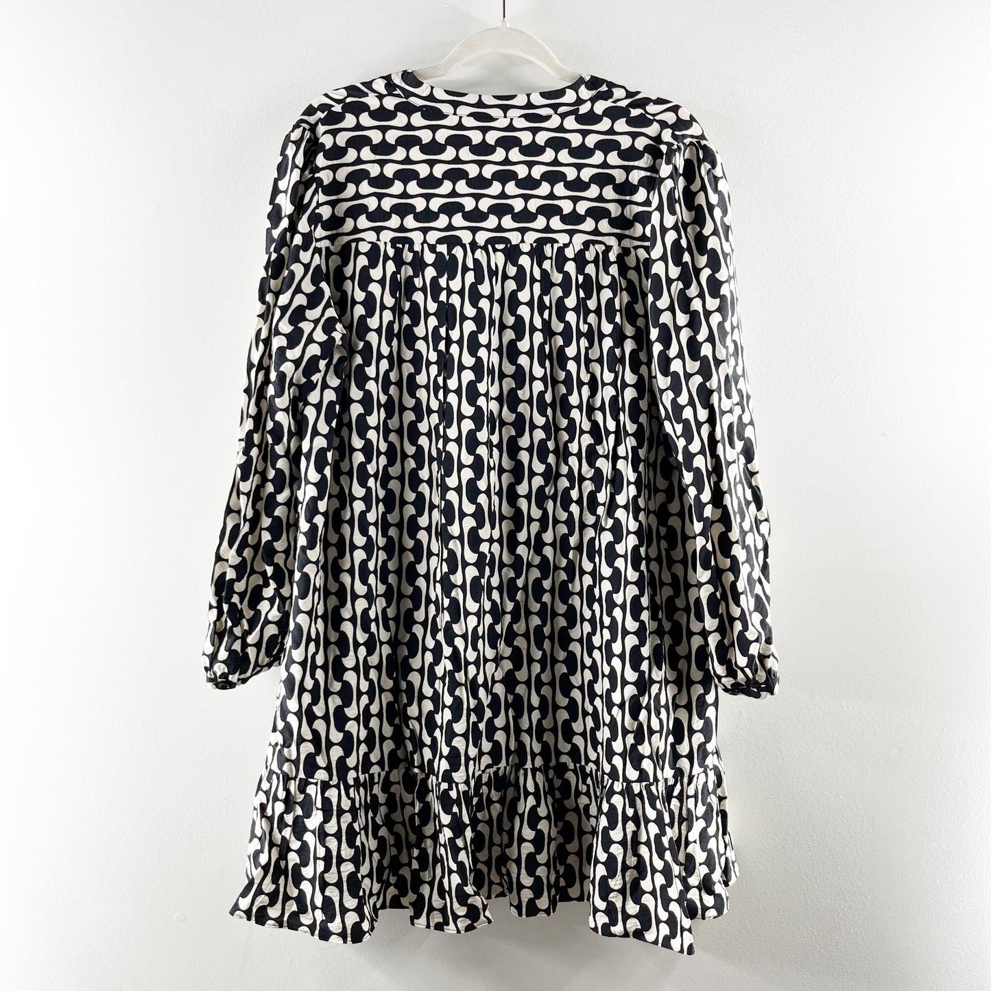 ZARA The Paula Long Sleeve Geometric Babydoll Mini Dress Black White Large
