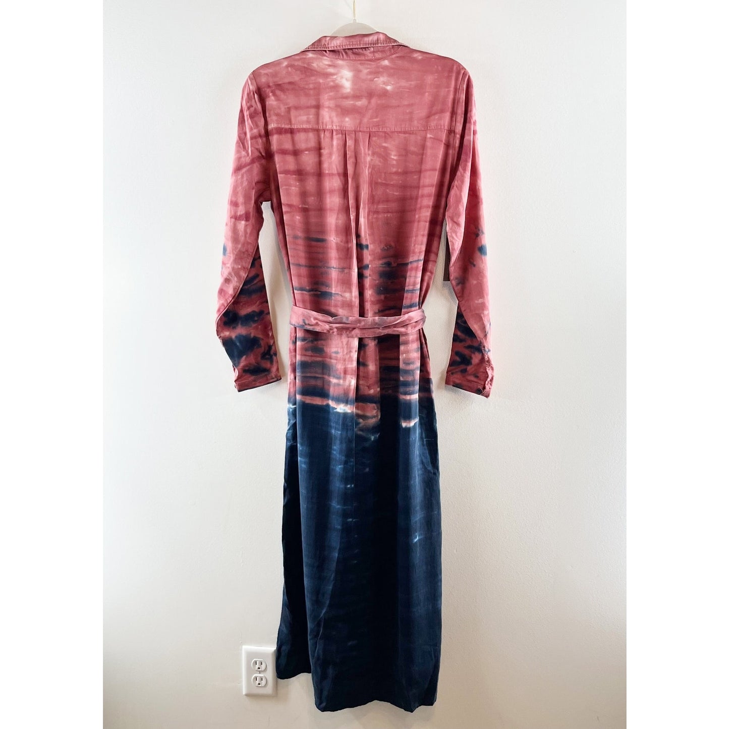 Cloth & Stone Claudia Tie Dye Long Sleeve Maxi Shirtdress Red Blue Medium