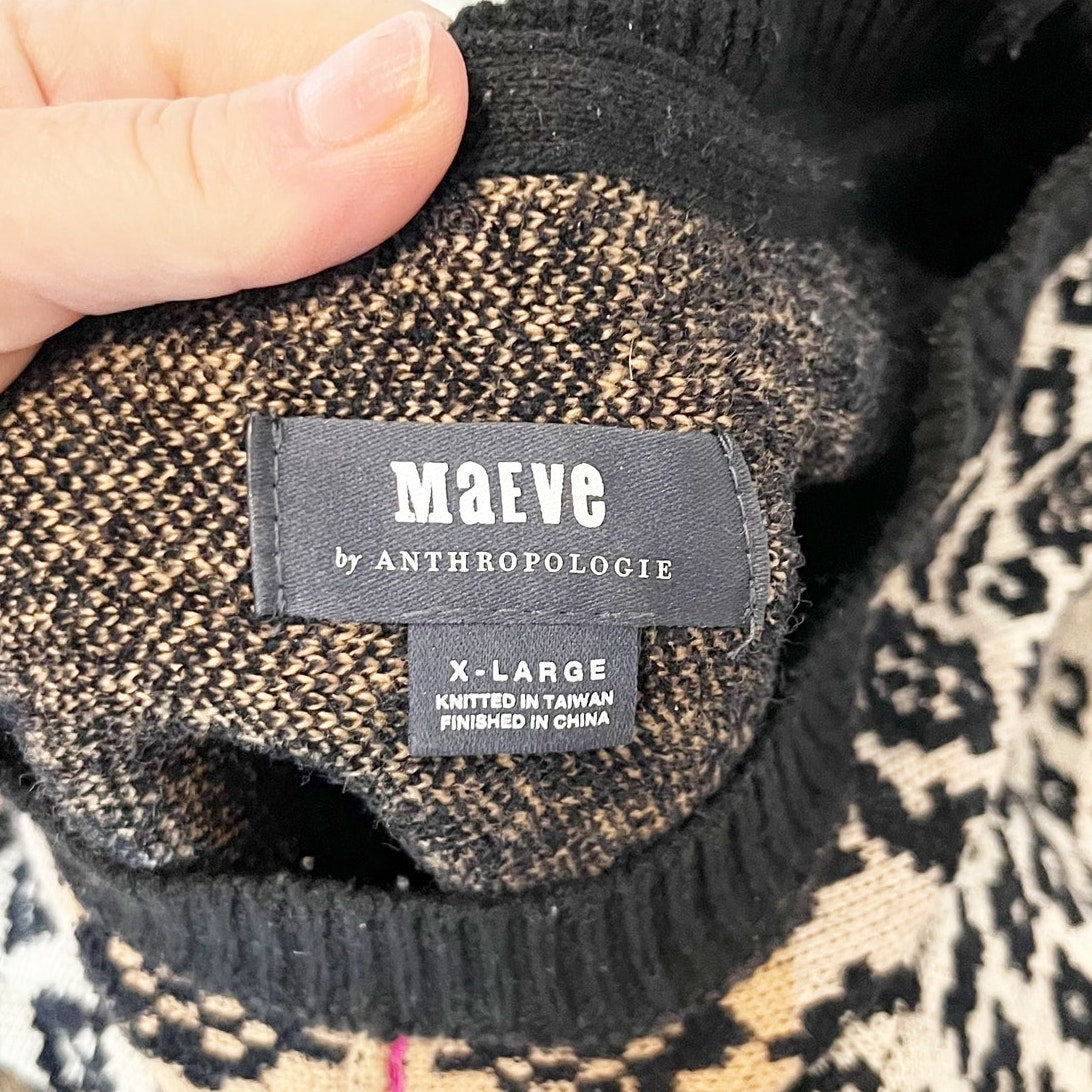 Anthropologie Maeve Ellinor Short Sleeve Leopard Sweater Brown Black XL
