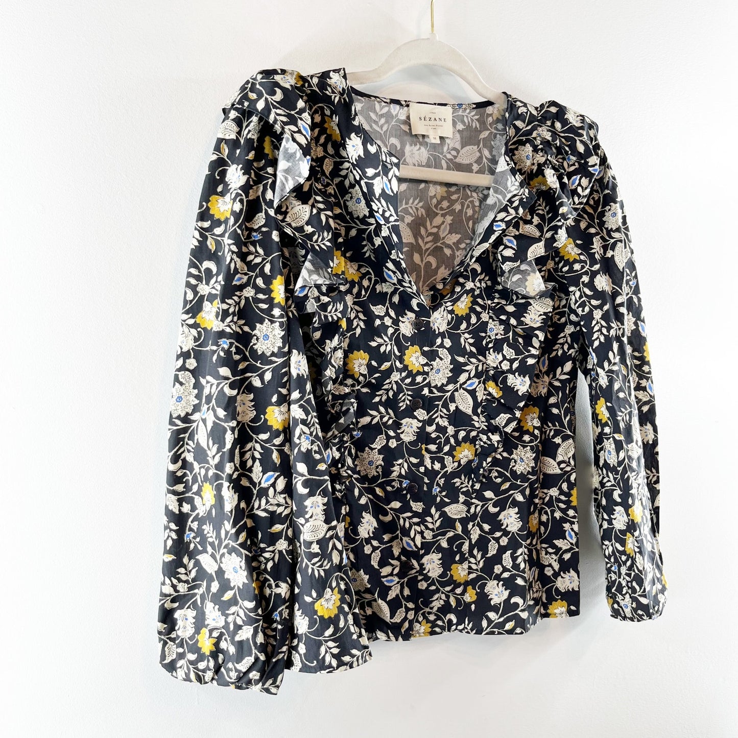 Sezane Roby Ruffle Long Sleeve Floral Cotton Poplin Blouse Black 36 / US 4