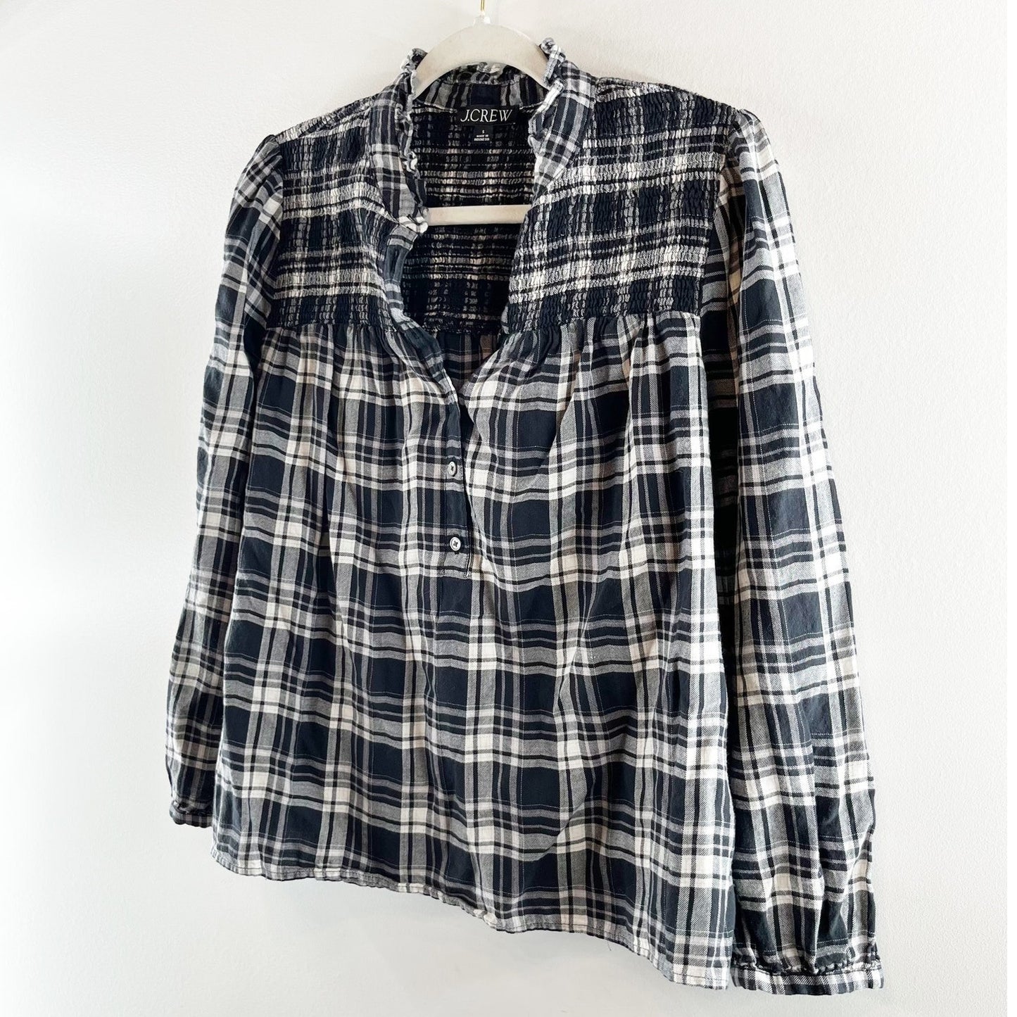 J. Crew Ruffleneck Flannel Popover Blouse Top Berkshire Plaid Black White Small