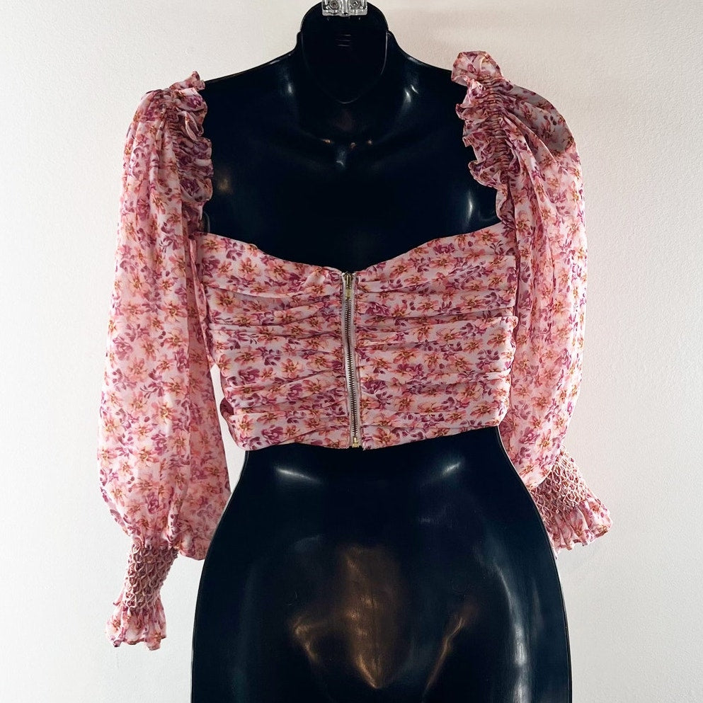 AMUR Hilda Floral Off-The-Shoulder Sweetheart Neck Crop Blouse Top Pink Large