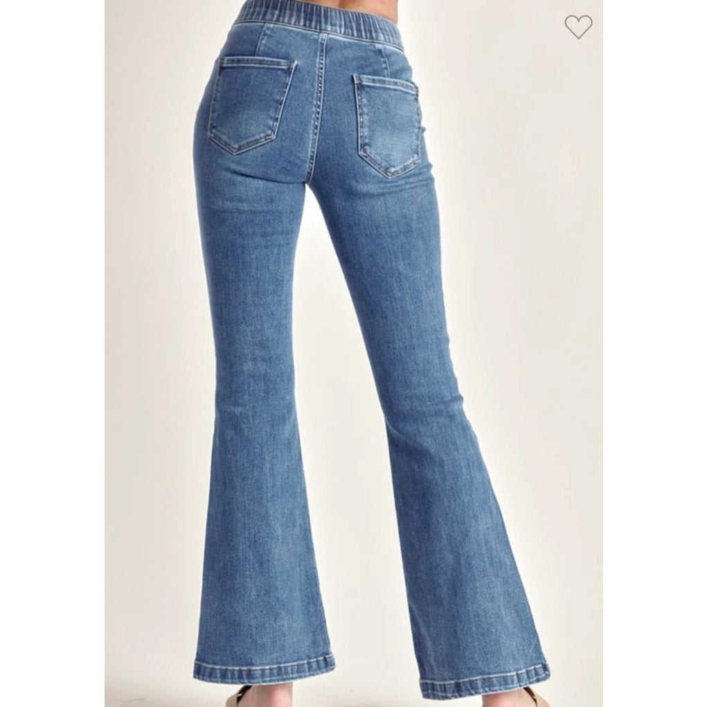 Risen Denim Mid Rise Flare Jeans With Drawstring and Front Pockets Blue 5 / 27