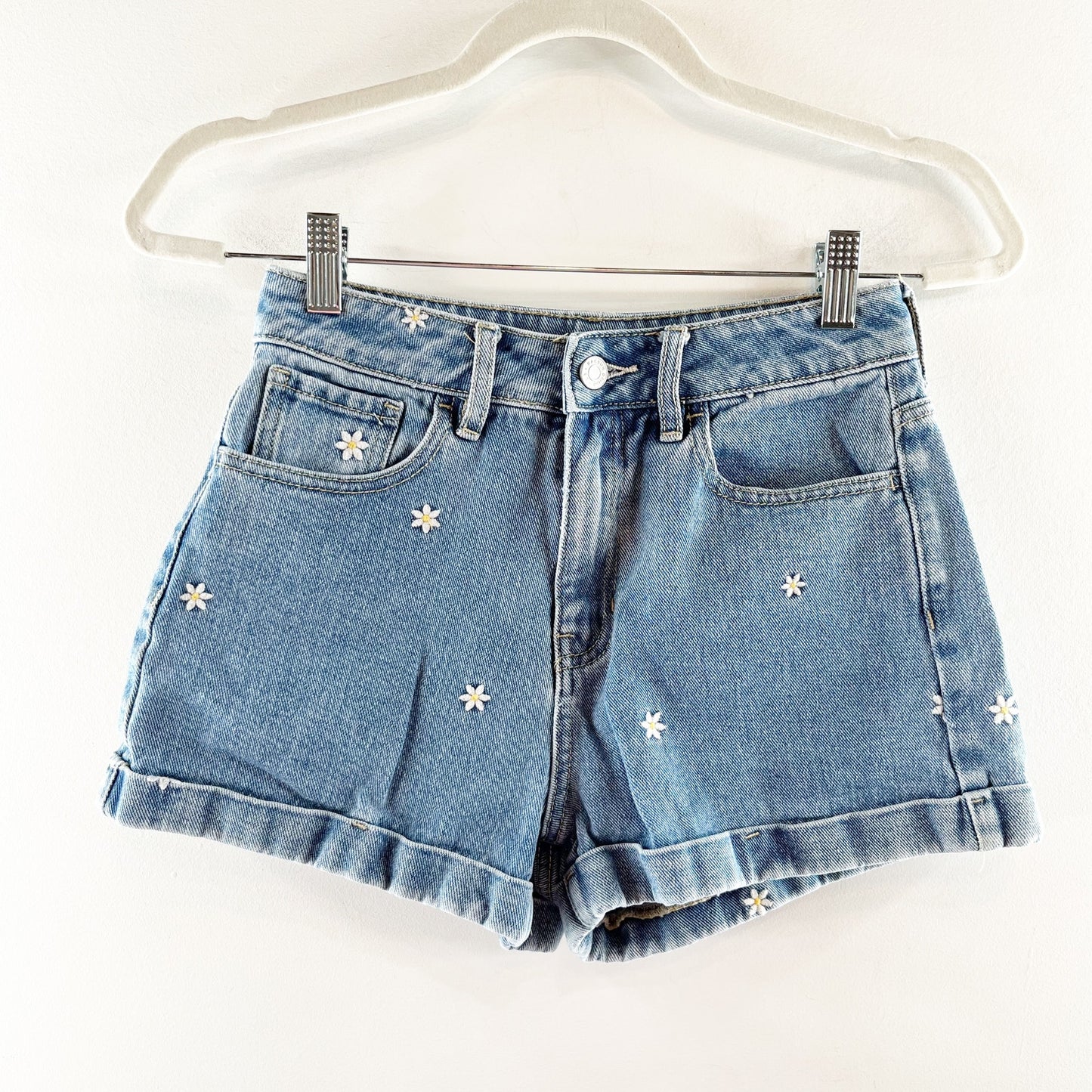 PacSun Embroidered Daisy Print High Rise Mom Shorts Blue 25 / 0