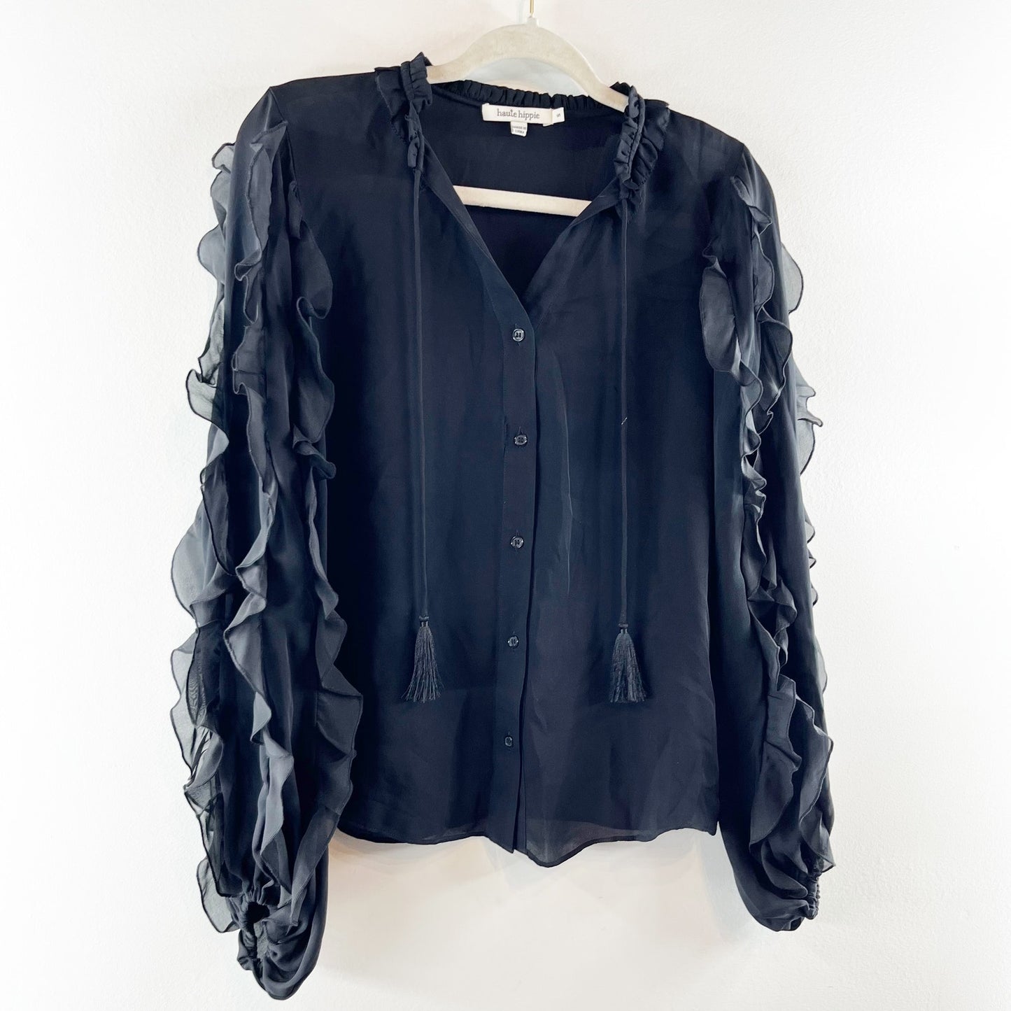 Haute Hippie Ruffled Long Sleeve Button Up Blouse Top Black Small