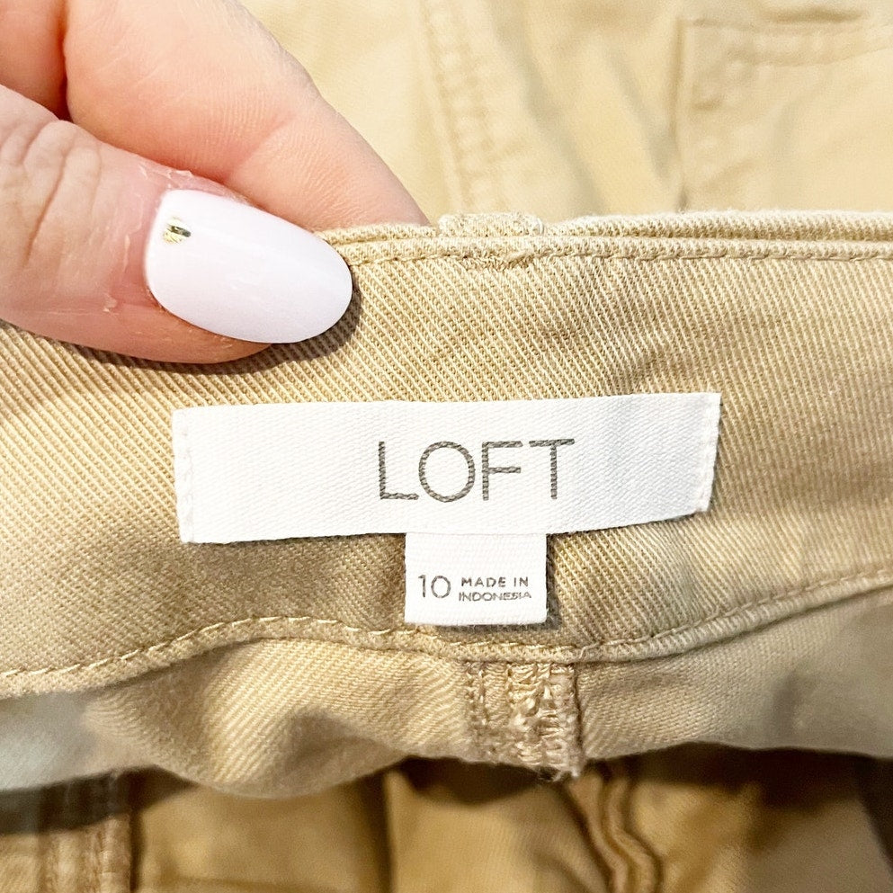 LOFT High Rise Belted Stovepipe Wide Leg Trouser Khaki Pants in Twill Tan 10
