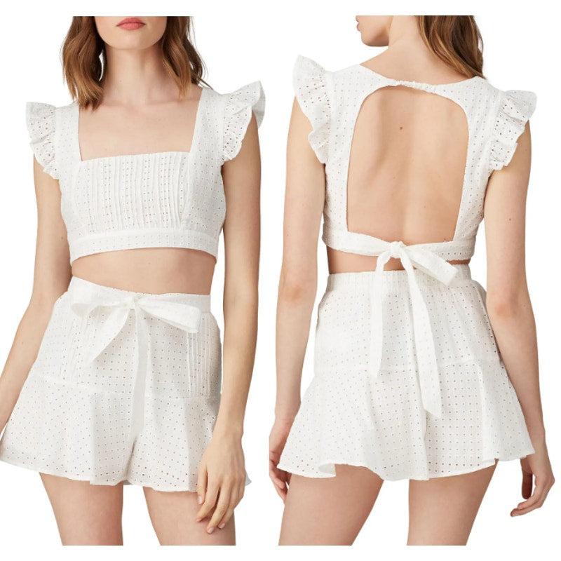 MINKPINK Celestial Eyelet Square Neck Crop Top & Flounce Short Set White M / L