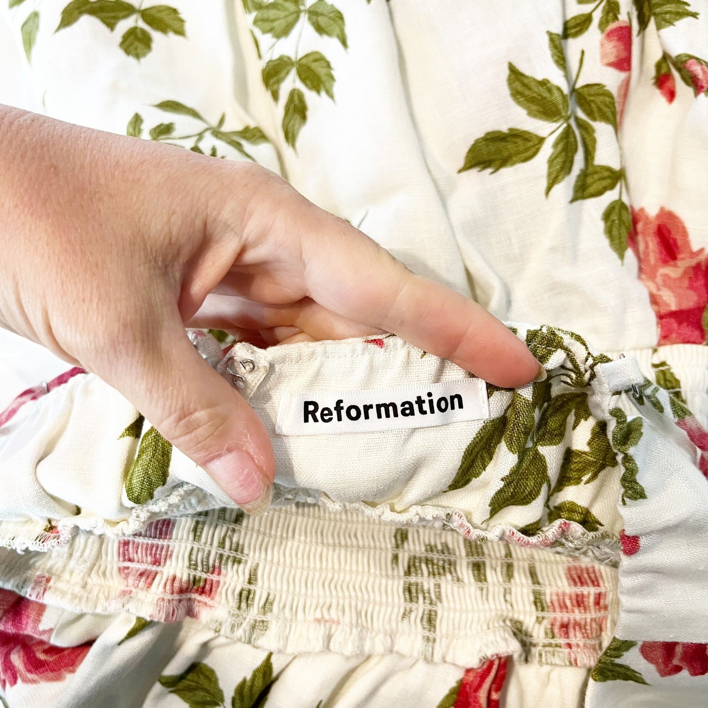 Reformation Rosemary Floral Print Linen Smocked Waist Mini Dress White 4
