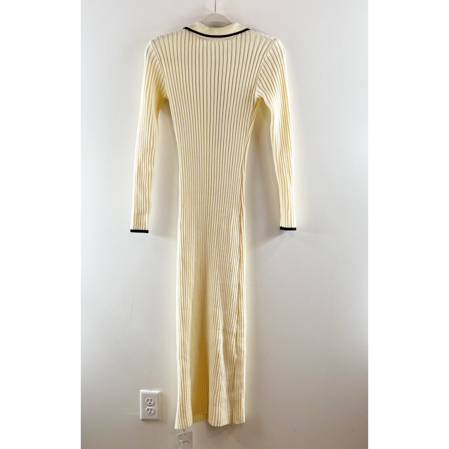 Commense Long Sleeve Collared Ribbed Bodycon Maxi Sweater Dress Cream XS