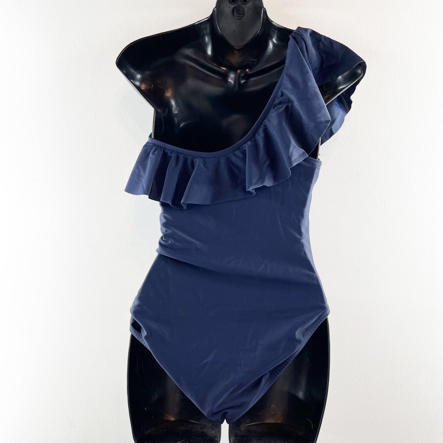 J. Crew One Shoulder Ruffle Trim One Piece Bathing Suit Navy Blue Medium