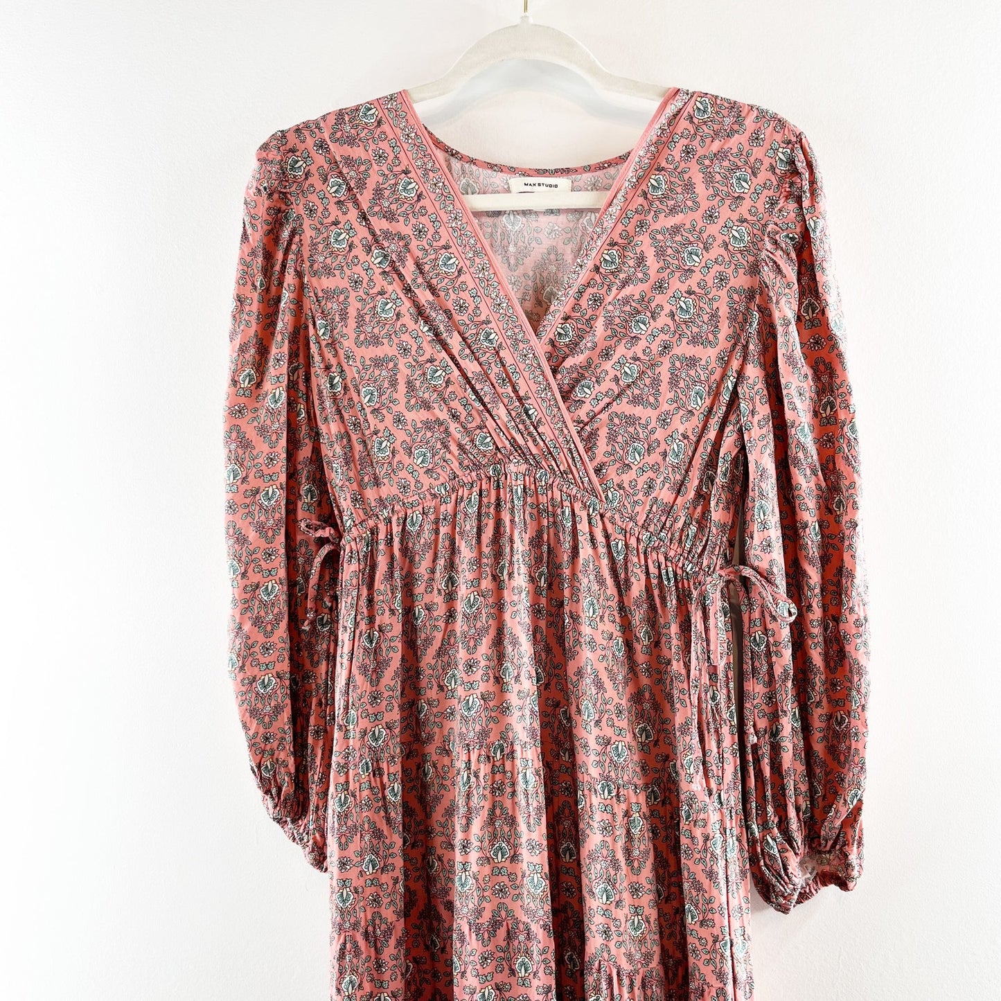 Max Studio Long Sleeve V Neck Printed Midi Dress Maroon Red Small